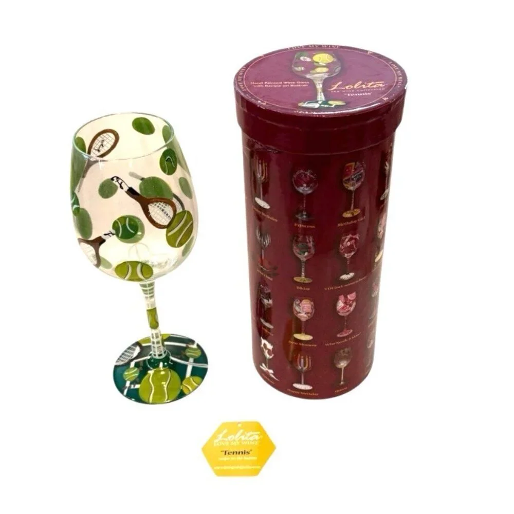 Lolita Hand Painted Tennis Balls Racket Pickleball Wine Glass Recipe Box NOB